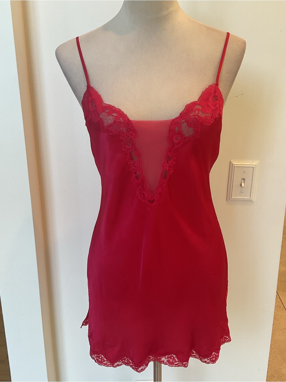 Vintage Victoria's Secret Red Lace-Trim Plunge Slip